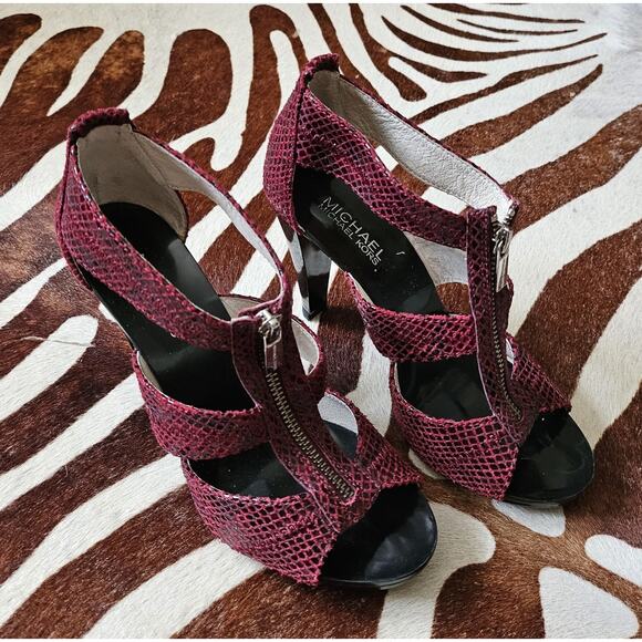 Michael Michael Kors Heels Womens 7 M Berkley Open Toe Gladiator Snake Burgundy - Picture 1 of 7